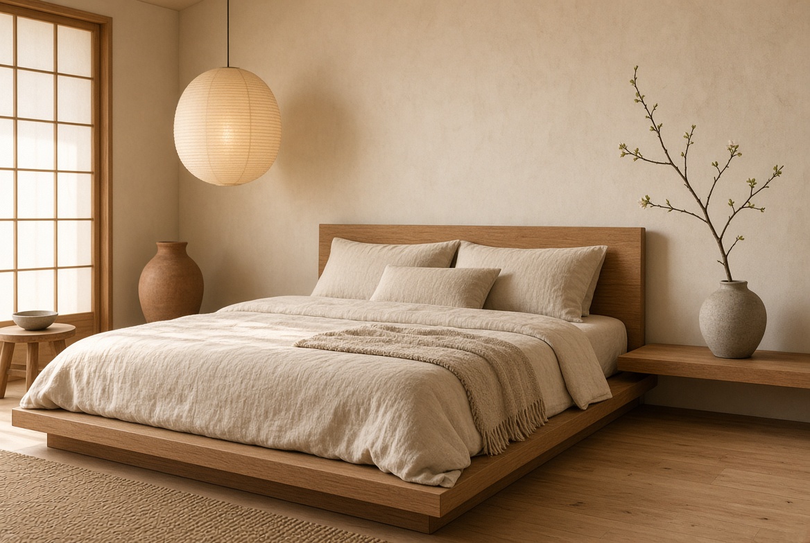 A calm bedroom with a low oak bed, oat linen bedding, and a paper lantern.